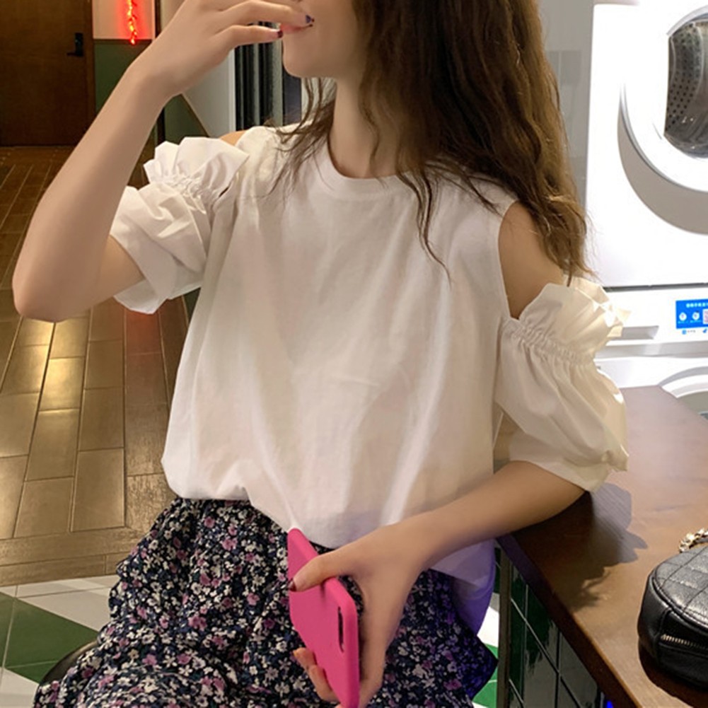 T-shirt femme coupe d??contract??e ??paules d??nud??es couleur unie pour les soldes jou