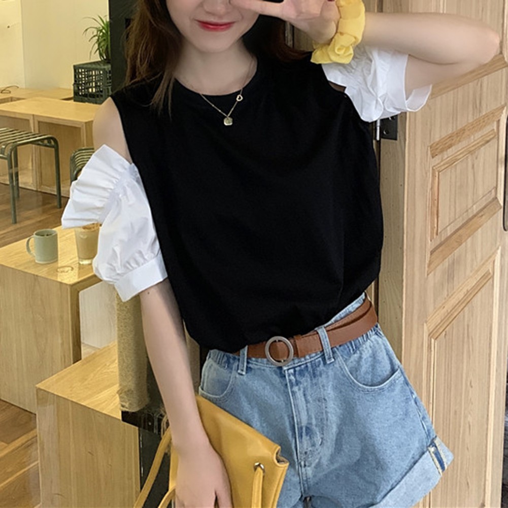 T-shirt outlet femme coupe d??contract??e ??paules d??nud??es couleur unie pour les jou