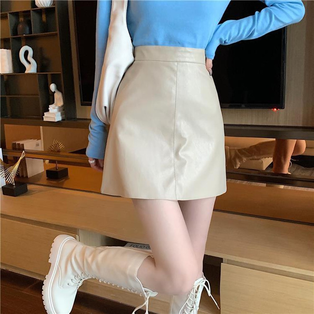 2025 Womens Casual Pu Leather collections Mini Skirt High Waist with Solid Colors
