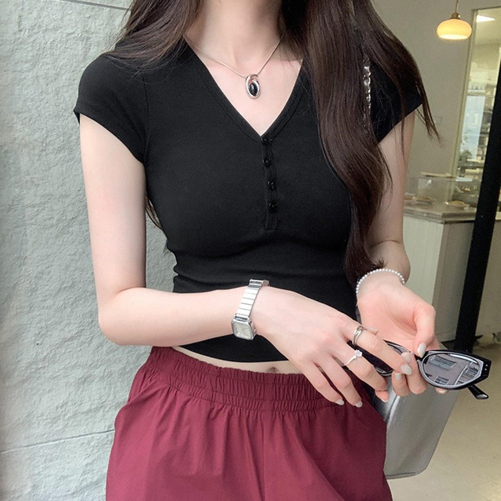 Slim Fit Casual For Women's Top with a Vintage Feel in V Neck and Short Sleeves - Picture 17 of 32