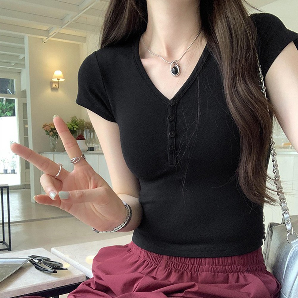 Slim Fit Casual For Women's Top with a Vintage Feel in V Neck and Short Sleeves - Picture 15 of 32
