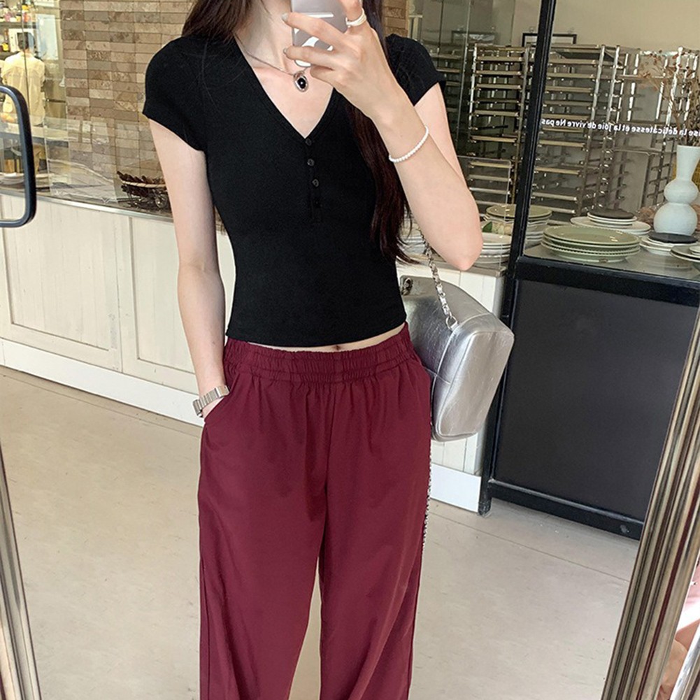 Slim Fit Casual For Women's Top with a Vintage Feel in V Neck and Short Sleeves - Picture 16 of 32