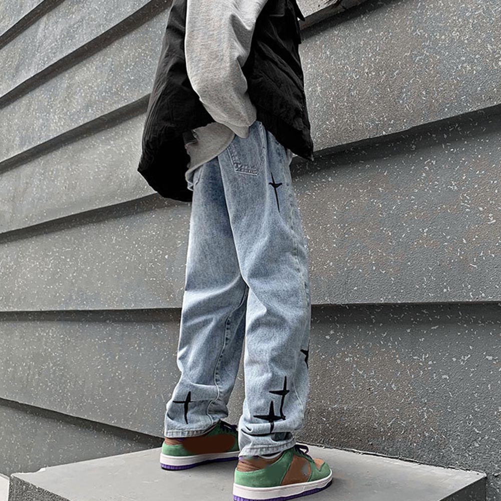 Trendy Mens Casual Pants Blue Washed Straight Trousers with Star Print - Picture 15 of 72