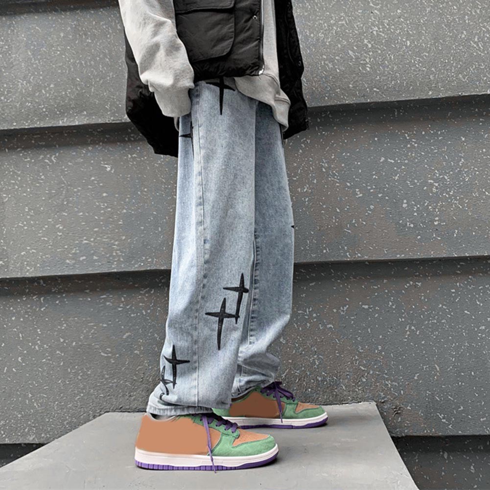 Trendy Mens Casual Pants Blue Washed Straight Trousers with Star Print - Picture 19 of 72