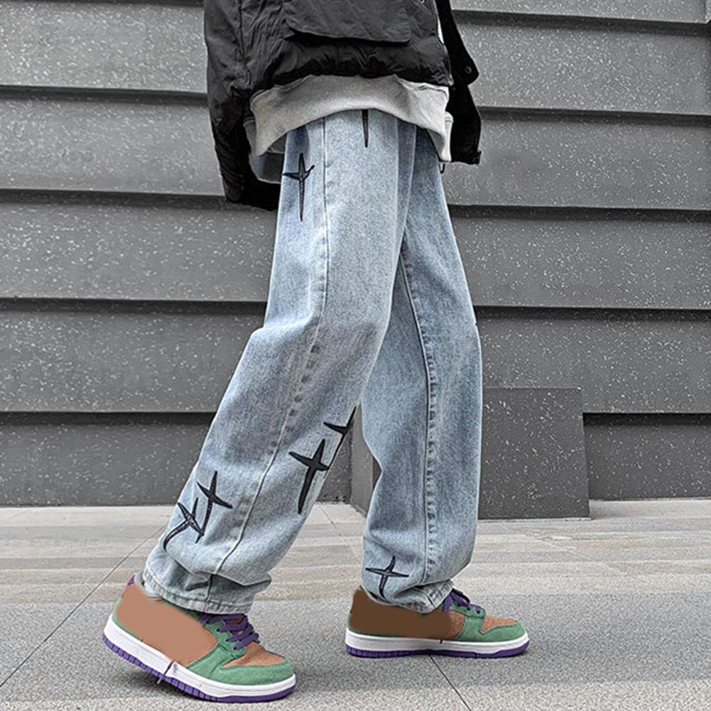 Trendy Mens Casual Pants Blue Washed Straight Trousers with Star Print - Picture 21 of 72