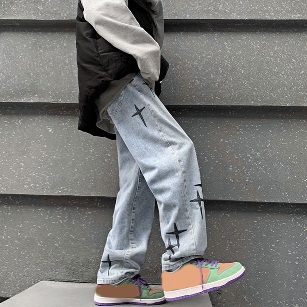 Trendy Mens Casual Pants Blue Washed Straight Trousers with Star Print - Picture 20 of 72