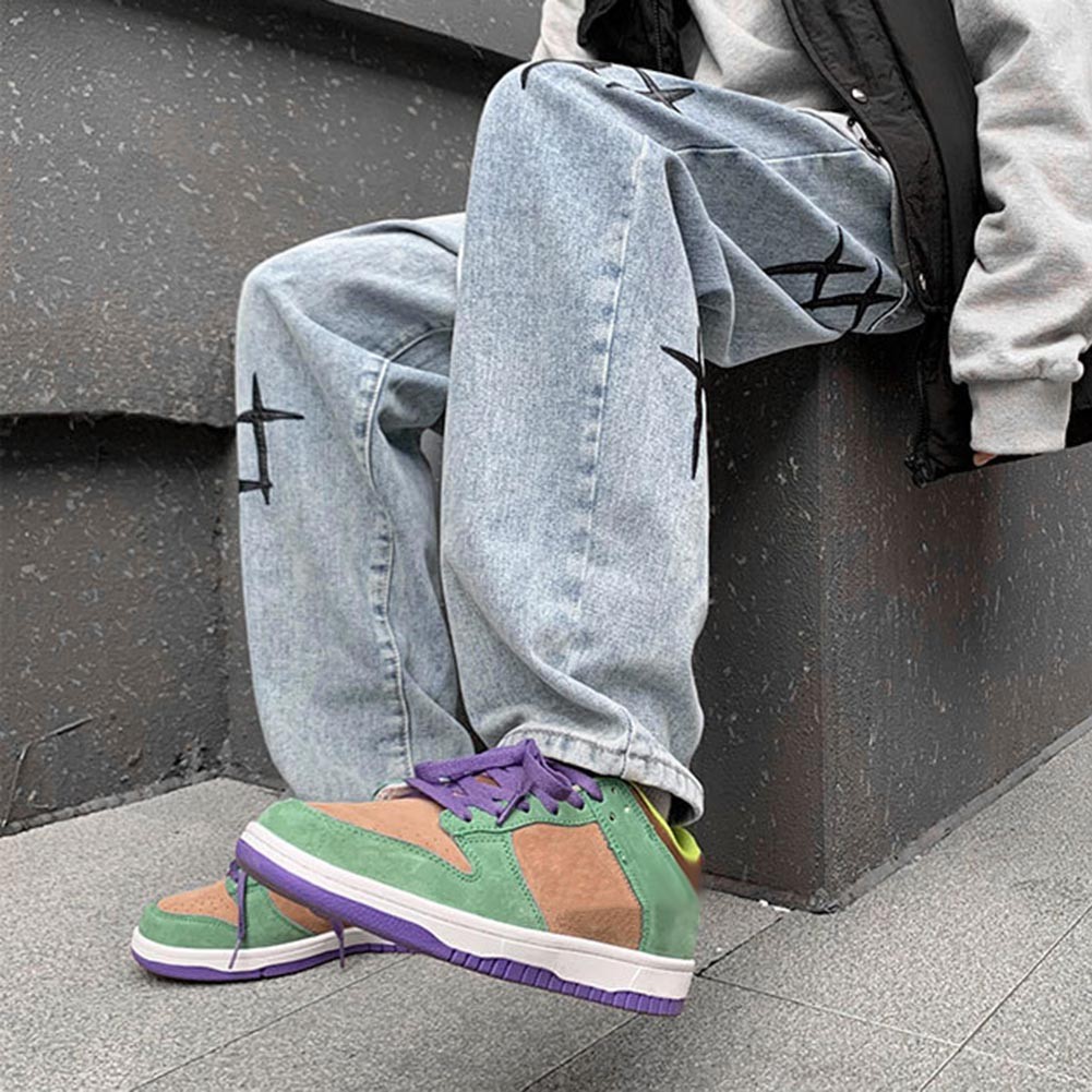 Trendy Mens Casual Pants Blue Washed Straight Trousers with Star Print - Picture 18 of 72