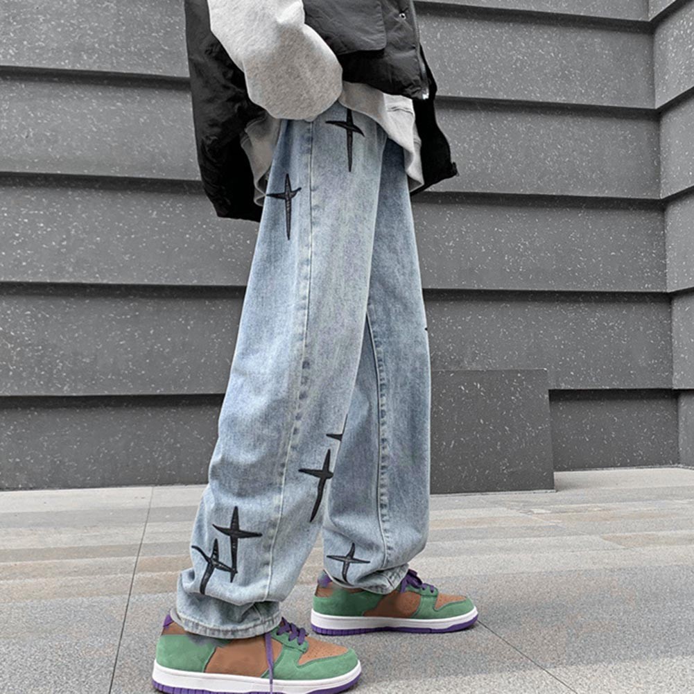 Trendy Mens Casual Pants Blue Washed Straight Trousers with Star Print - Picture 13 of 72