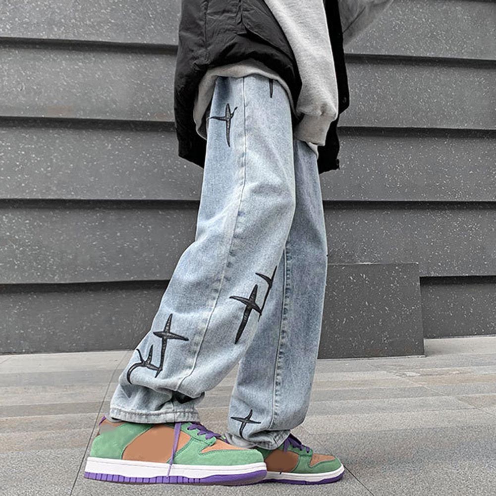 Trendy Mens Casual Pants Blue Washed Straight Trousers with Star Print - Picture 16 of 72