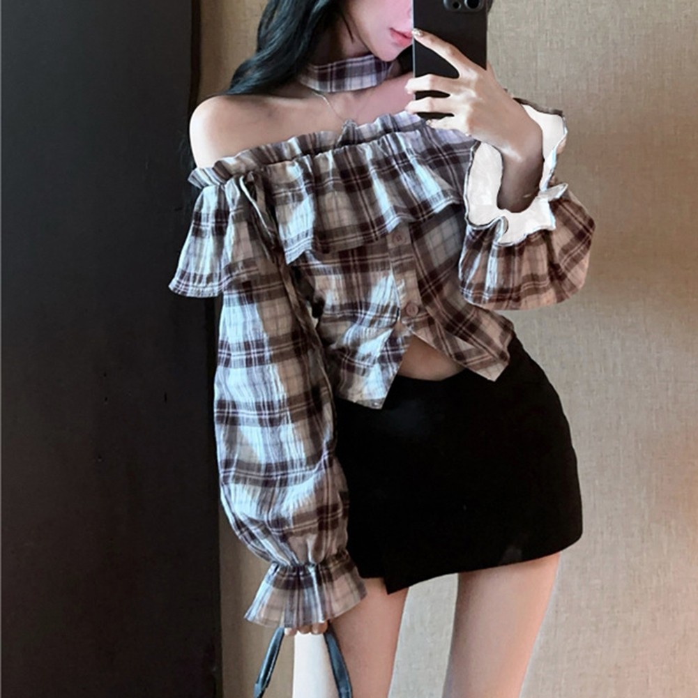 Ruffled Neckline Long Sleeve Plaid Shirt Ideal for Spring and Autumn Days - Picture 15 of 27
