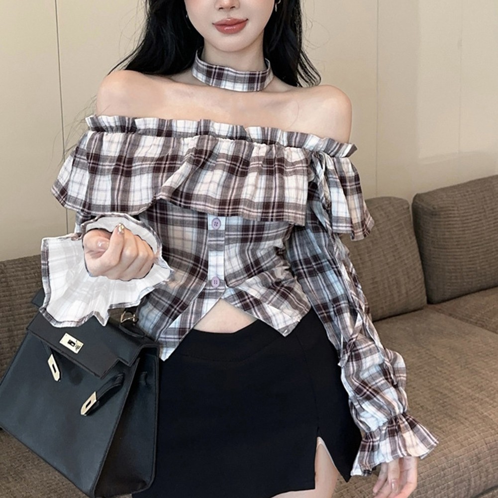 Ruffled Neckline Long Sleeve Plaid Shirt Ideal for Spring and Autumn Days - Picture 17 of 27