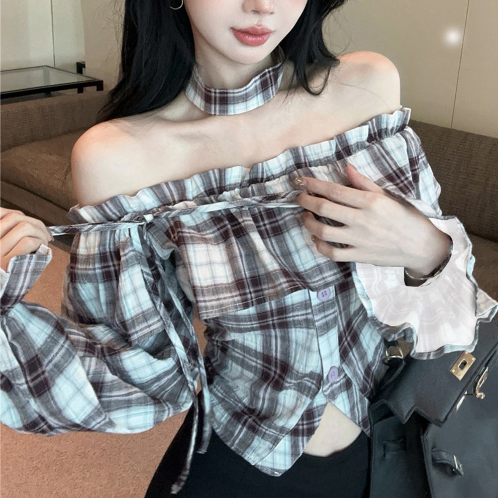 Ruffled Neckline Long Sleeve Plaid Shirt Ideal for Spring and Autumn Days - Picture 16 of 27