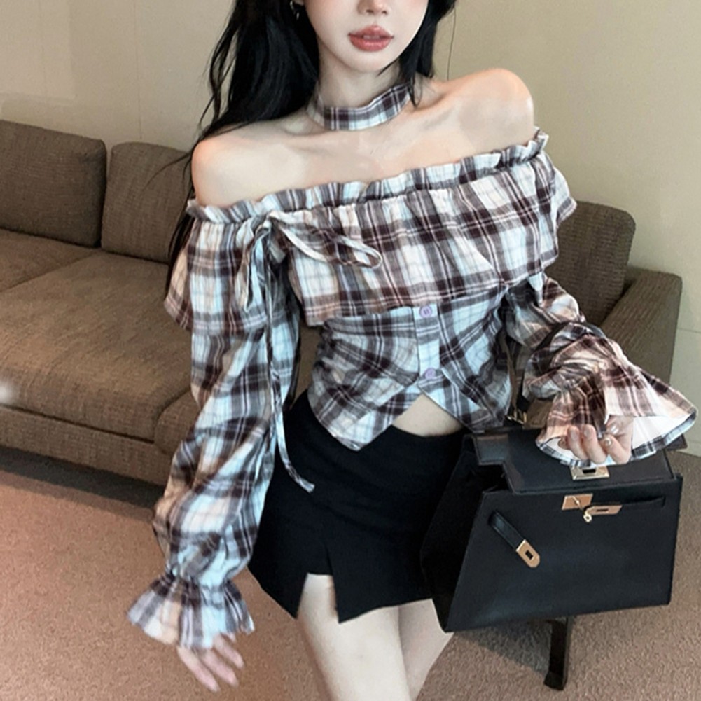 Ruffled Neckline Long Sleeve Plaid Shirt Ideal for Spring and Autumn Days - Picture 14 of 27