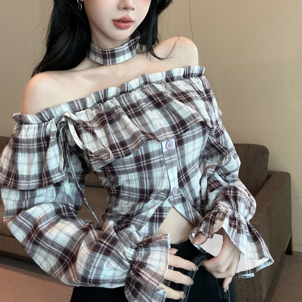 Ruffled Neckline Long Sleeve Plaid Shirt Ideal for Spring and Autumn Days - Picture 13 of 27