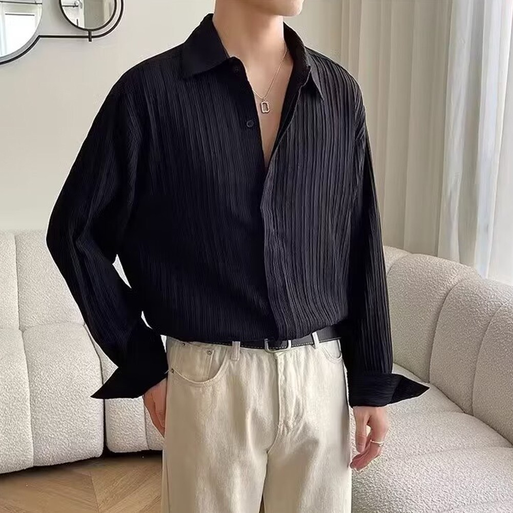 Casual Mens Long Sleeve Pleated Shirt with Lapel Collar Great for Daily Use - Picture 30 of 47
