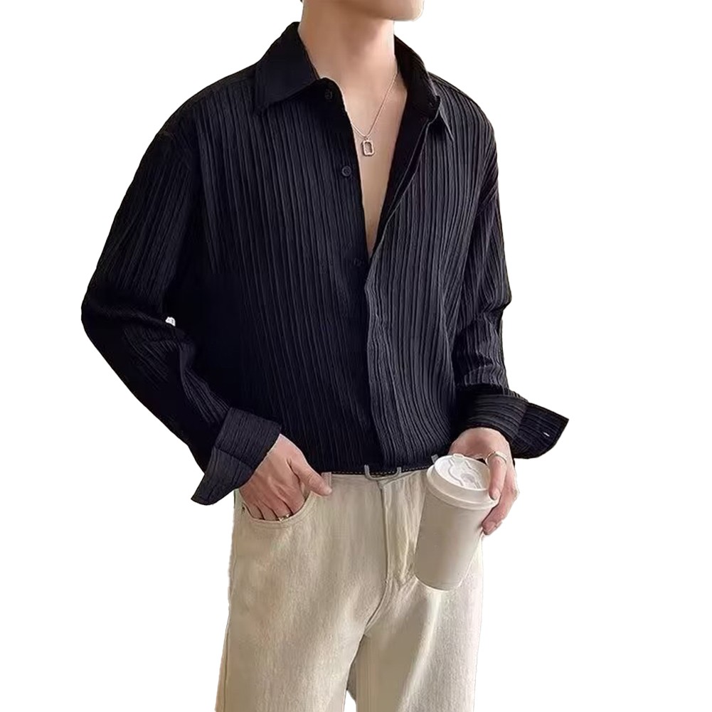 Casual Mens Long Sleeve Pleated Shirt with Lapel Collar Great for Daily Use - Picture 31 of 47