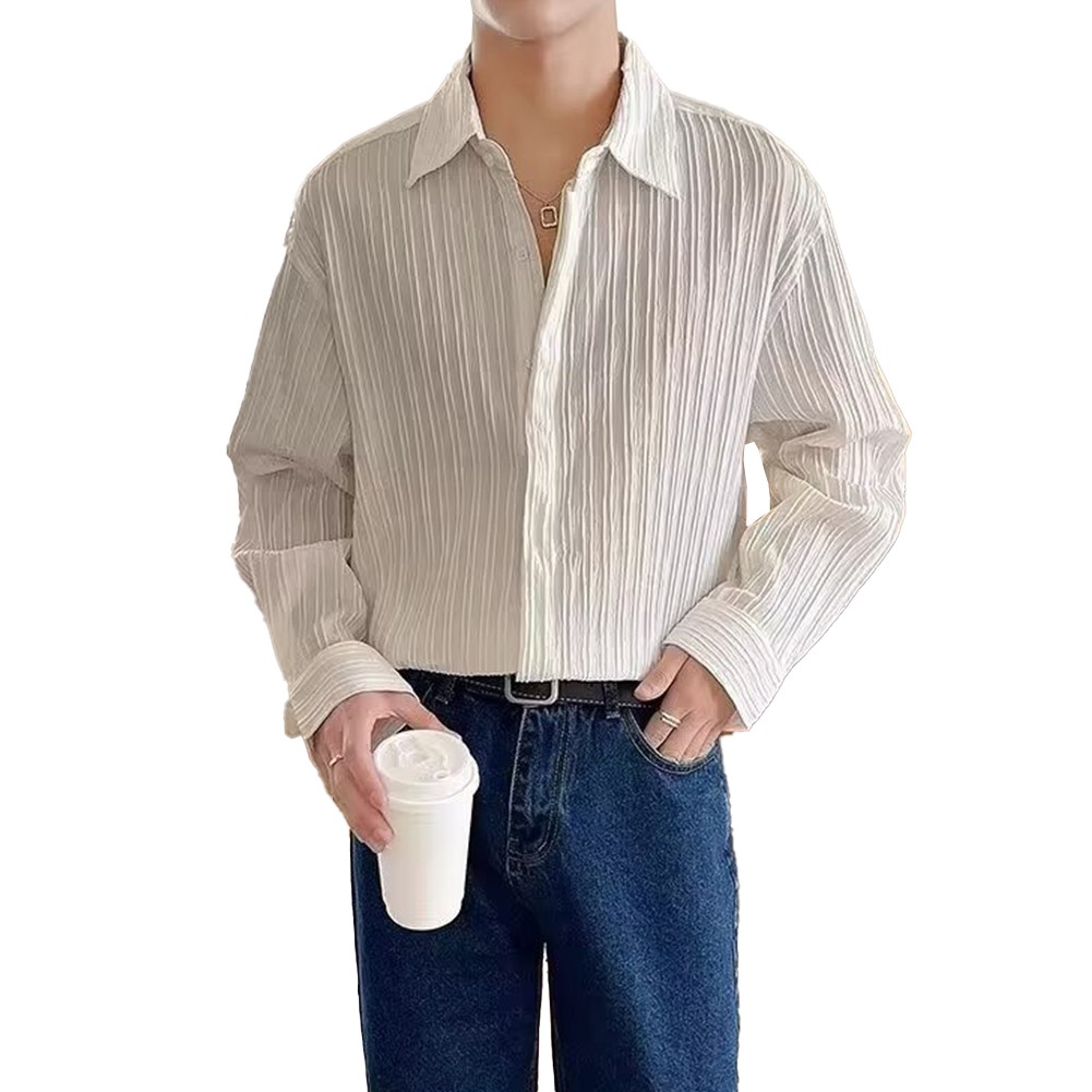 Casual Mens Long Sleeve Pleated Shirt with Lapel Collar Great for Daily Use - Picture 22 of 47