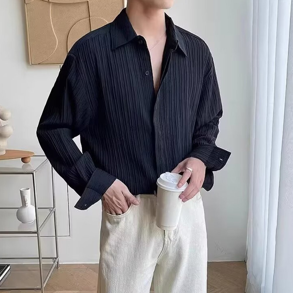 Casual Mens Long Sleeve Pleated Shirt with Lapel Collar Great for Daily Use - Picture 35 of 47