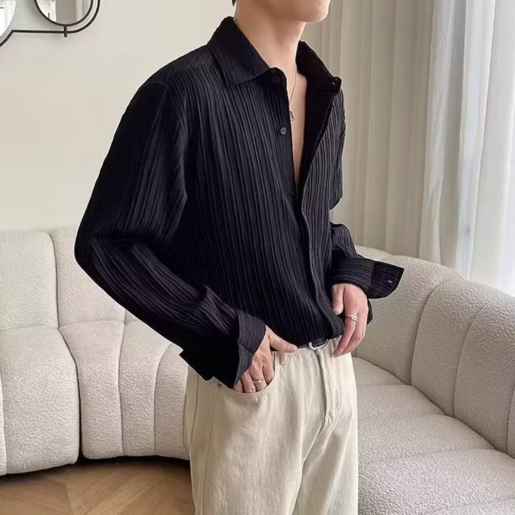 Casual Mens Long Sleeve Pleated Shirt with Lapel Collar Great for Daily Use - Picture 38 of 47