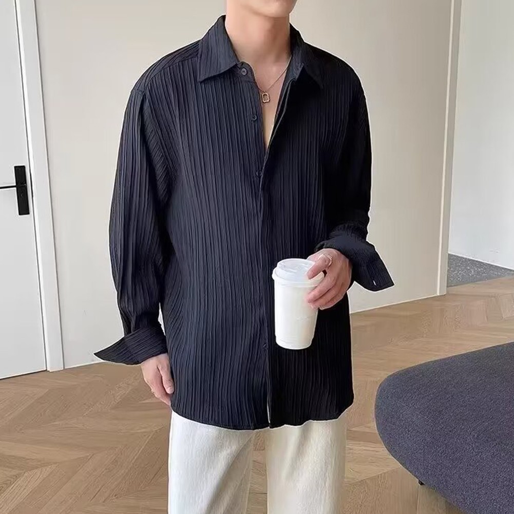 Casual Mens Long Sleeve Pleated Shirt with Lapel Collar Great for Daily Use - Picture 32 of 47