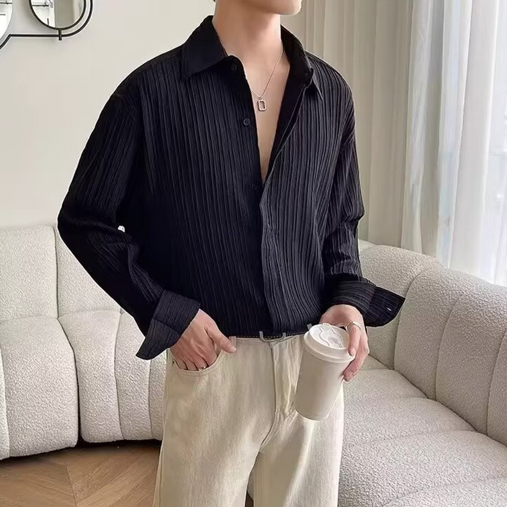 Casual Mens Long Sleeve Pleated Shirt with Lapel Collar Great for Daily Use - Picture 37 of 47