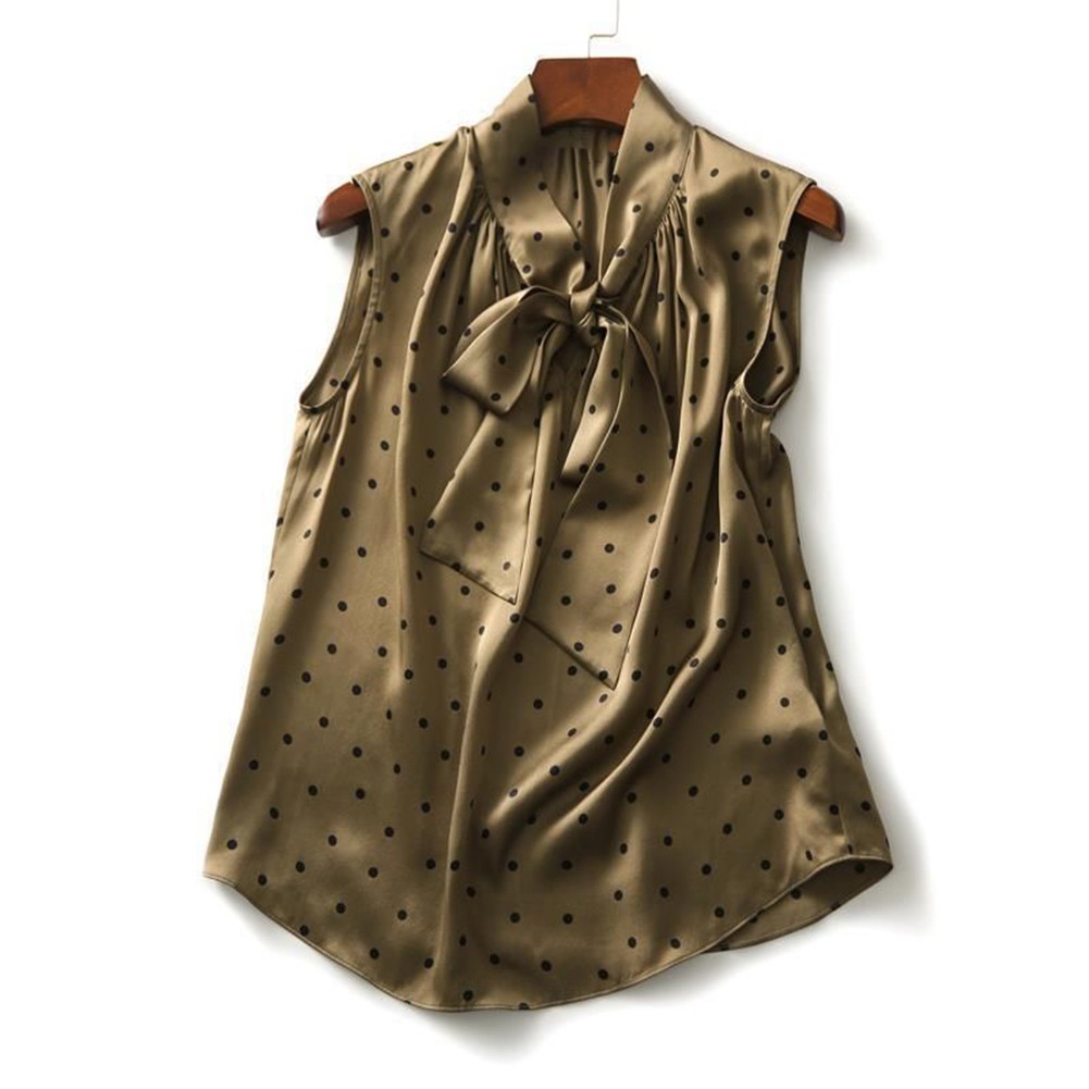 Womens Relaxed Fit Satin Bow Top with Charming Polka Dots in Green Color - Picture 16 of 60