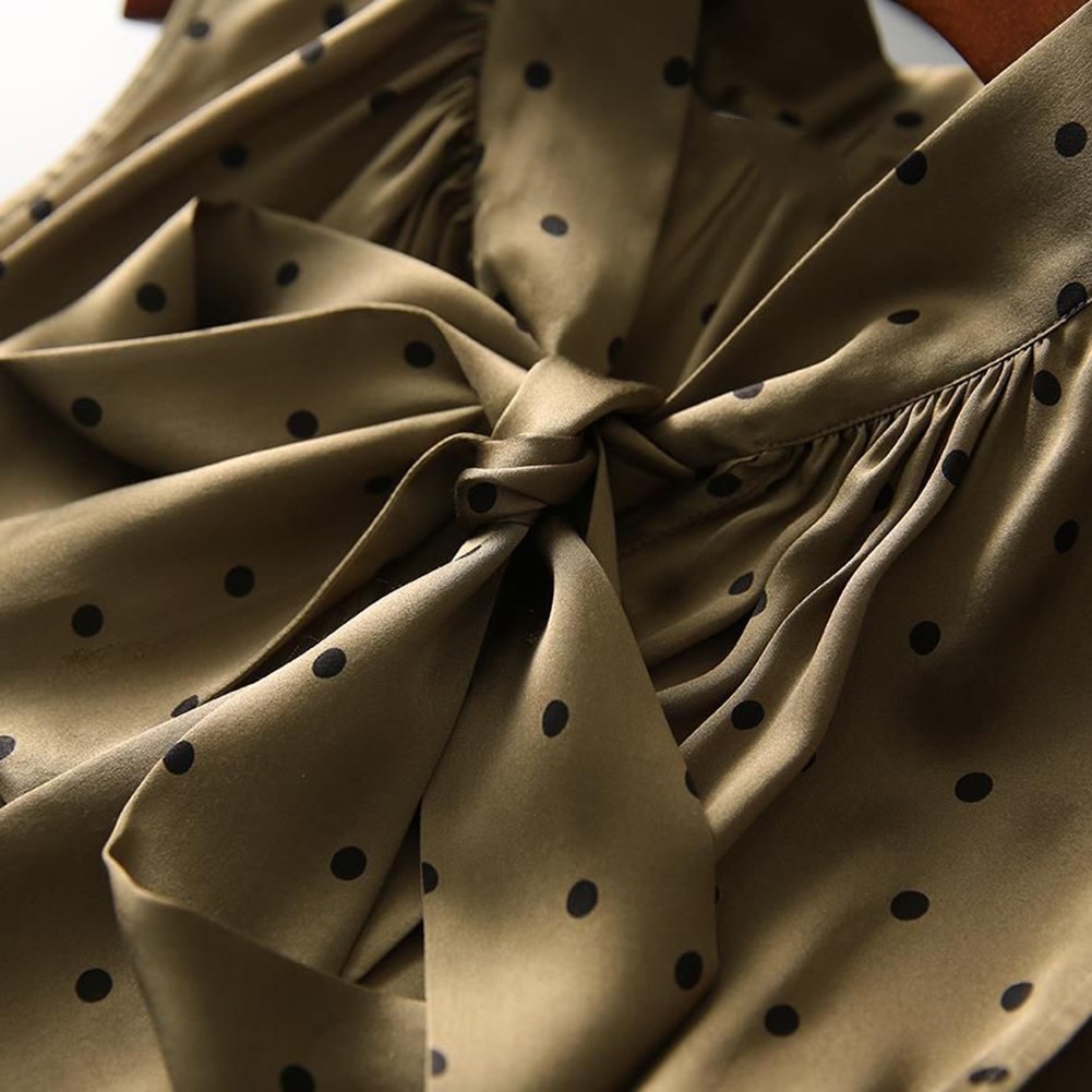 Womens Relaxed Fit Satin Bow Top with Charming Polka Dots in Green Color - Picture 25 of 60