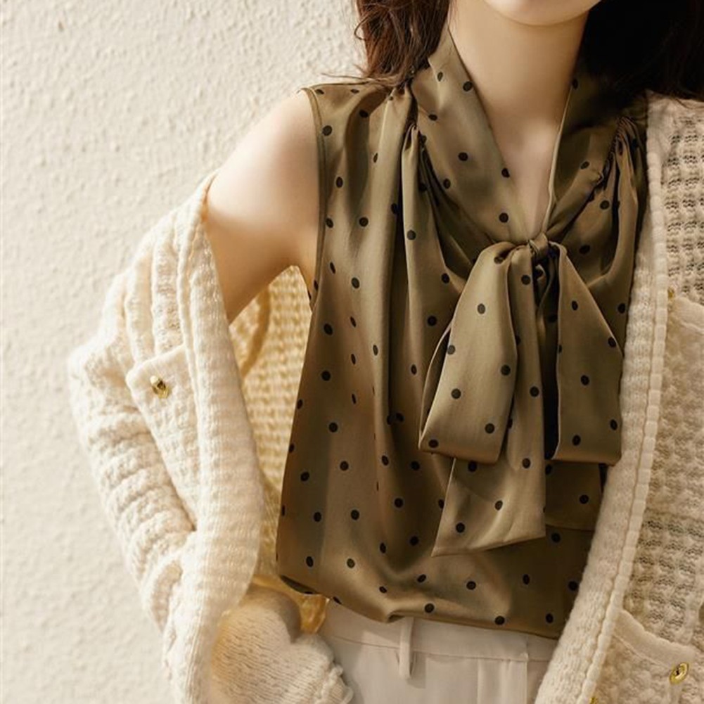 Womens Relaxed Fit Satin Bow Top with Charming Polka Dots in Green Color - Picture 18 of 60