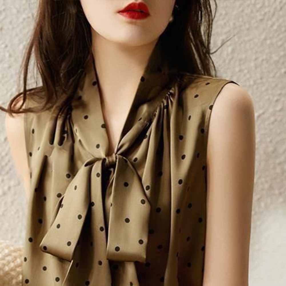 Womens Relaxed Fit Satin Bow Top with Charming Polka Dots in Green Color - Picture 19 of 60