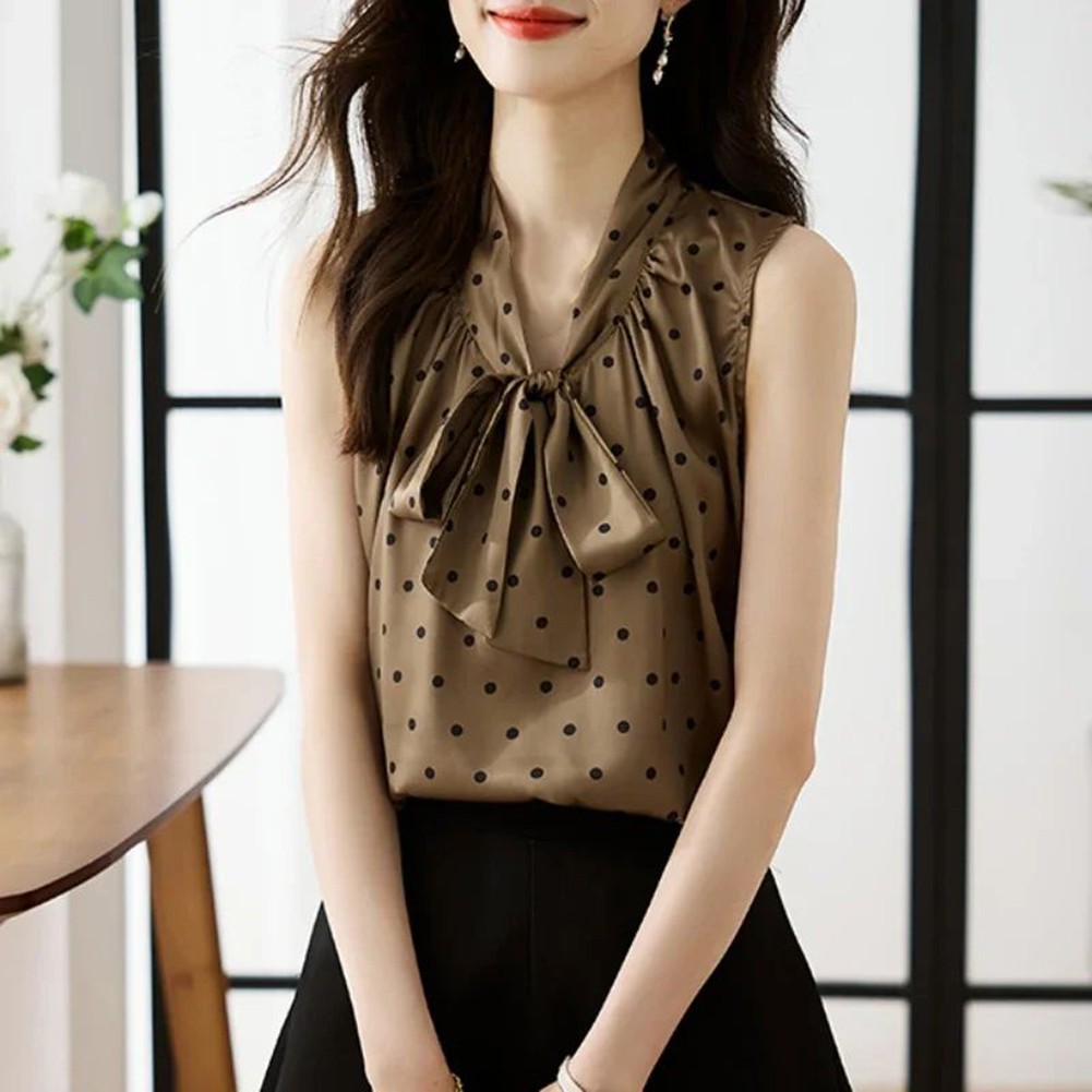 Womens Relaxed Fit Satin Bow Top with Charming Polka Dots in Green Color - Picture 15 of 60
