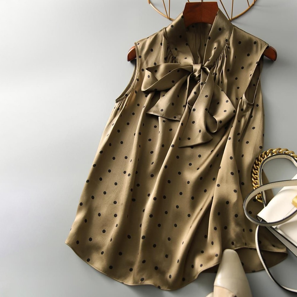 Womens Relaxed Fit Satin Bow Top with Charming Polka Dots in Green Color - Picture 59 of 60