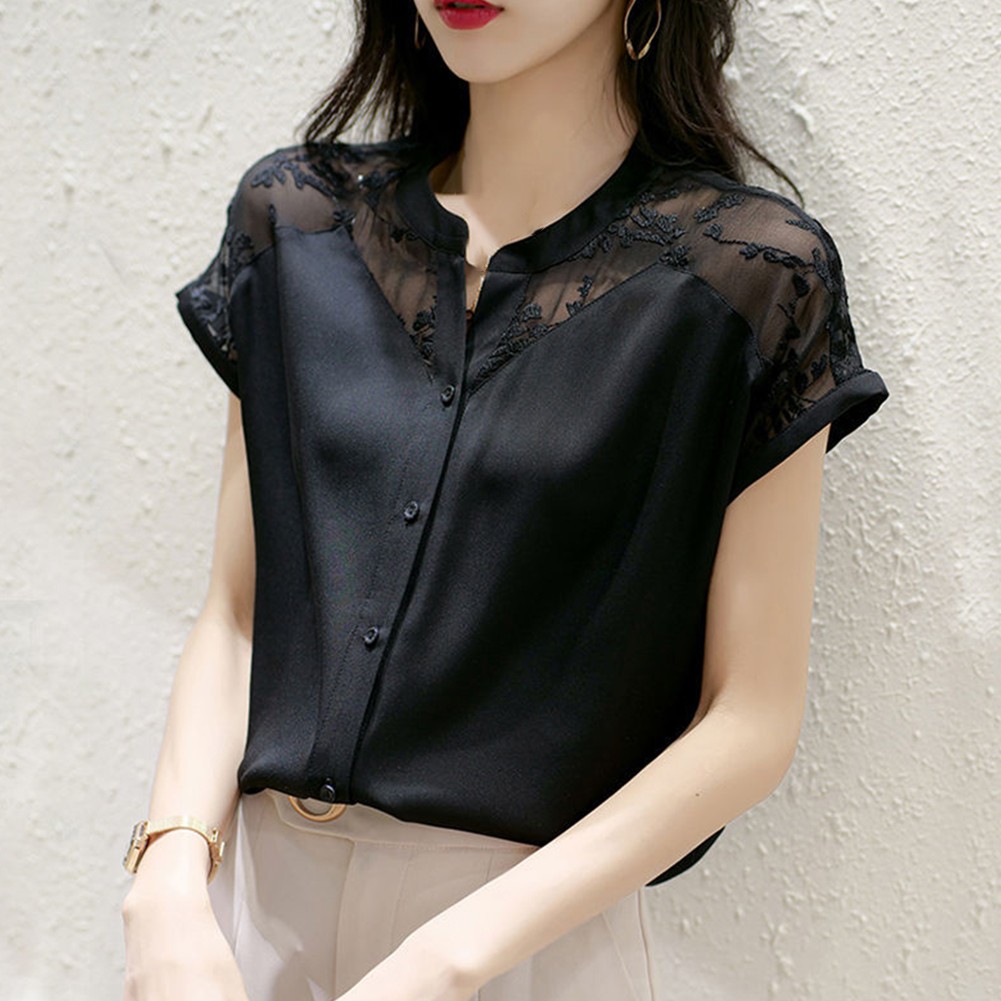 O Collar Women's Shirt with Organza Lace Detail Ideal for Summer Outfits - Picture 16 of 40