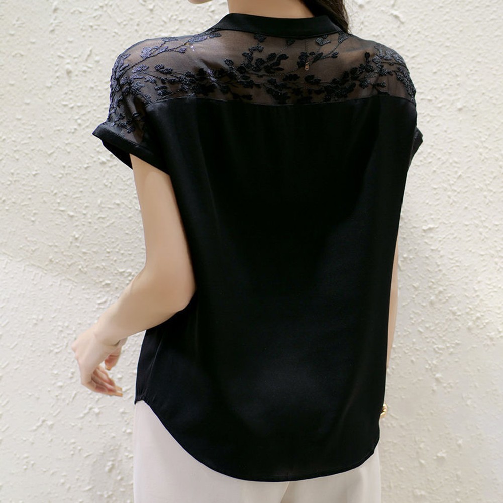 O Collar Women's Shirt with Organza Lace Detail Ideal for Summer Outfits - Picture 19 of 40
