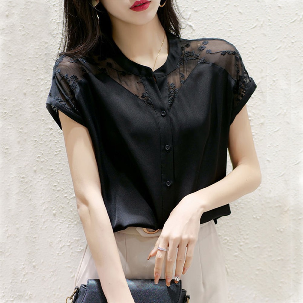 O Collar Women's Shirt with Organza Lace Detail Ideal for Summer Outfits - Picture 13 of 40