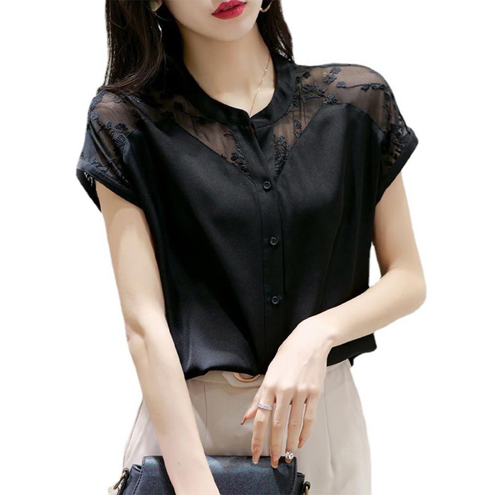 O Collar Women's Shirt with Organza Lace Detail Ideal for Summer Outfits - Picture 17 of 40