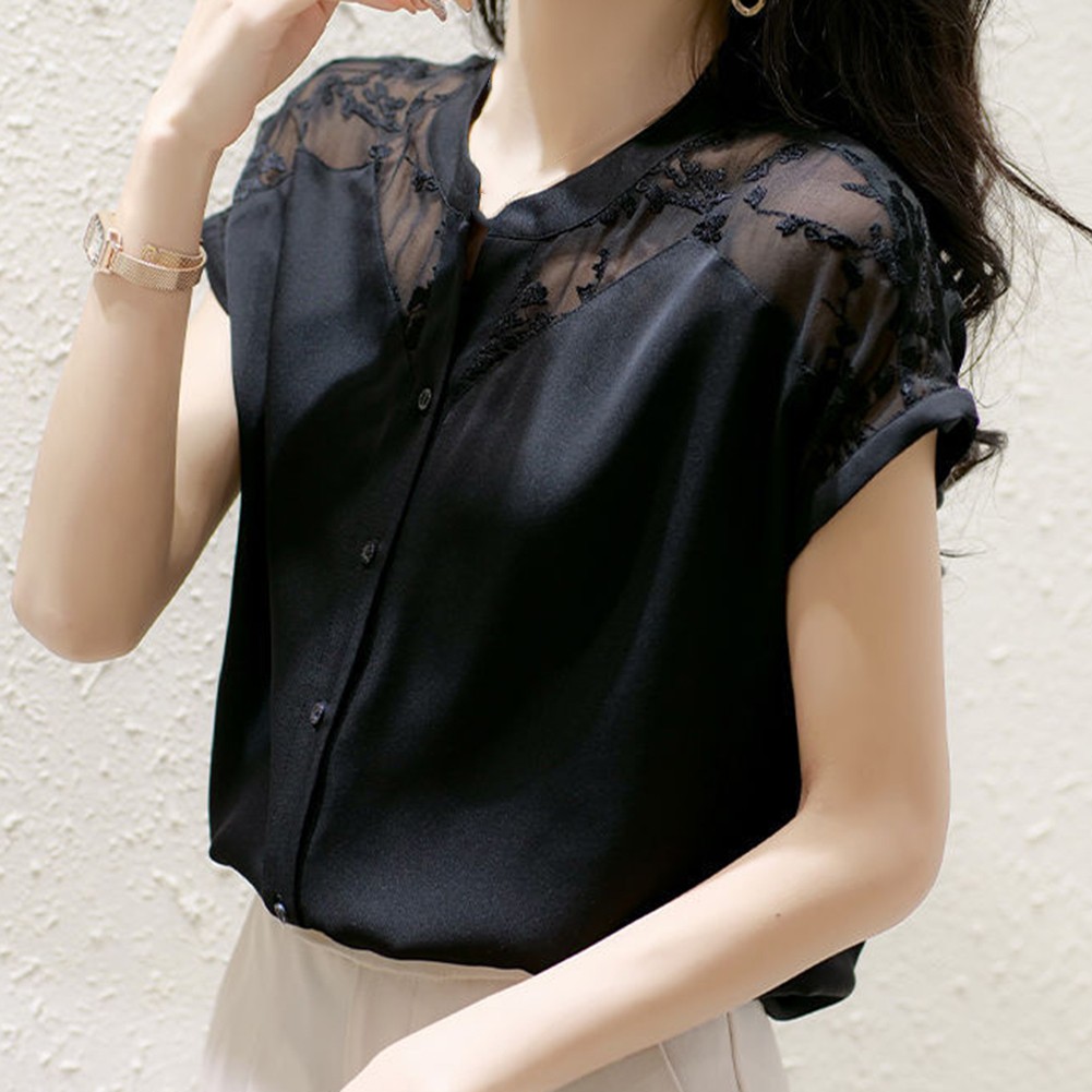 O Collar Women's Shirt with Organza Lace Detail Ideal for Summer Outfits - Picture 18 of 40