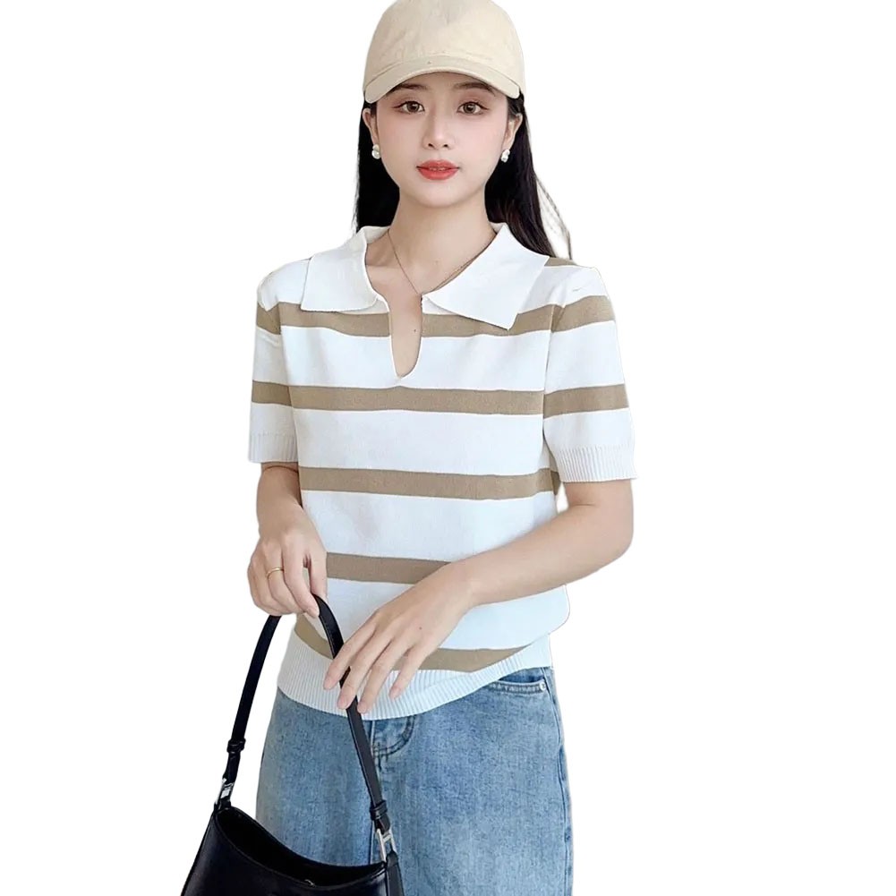 Elegant Women's Knitted Crop Top with Stripe Pattern and Comfortable Fit - Picture 21 of 22