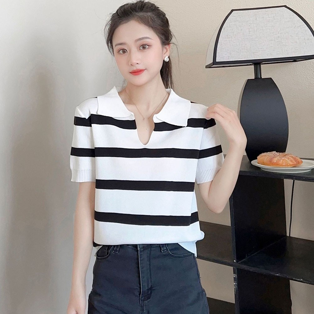 Elegant Women's Knitted Crop Top with Stripe Pattern and Comfortable Fit - Picture 17 of 22