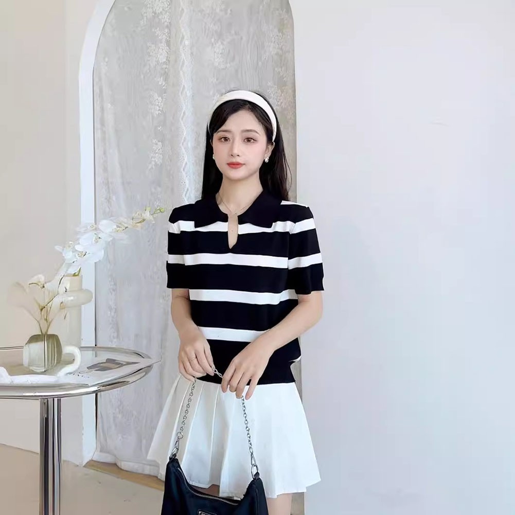 Elegant Women's Knitted Crop Top with Stripe Pattern and Comfortable Fit - Picture 14 of 22