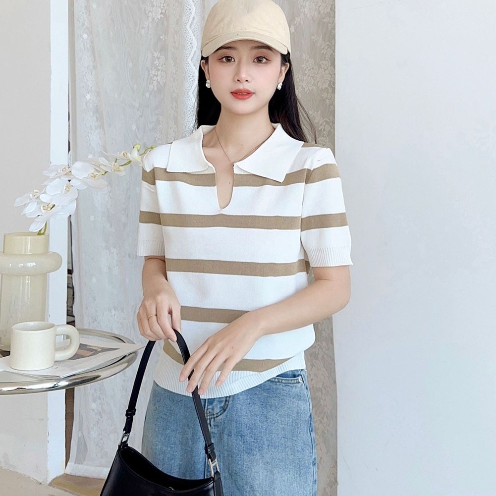 Elegant Women's Knitted Crop Top with Stripe Pattern and Comfortable Fit - Picture 22 of 22