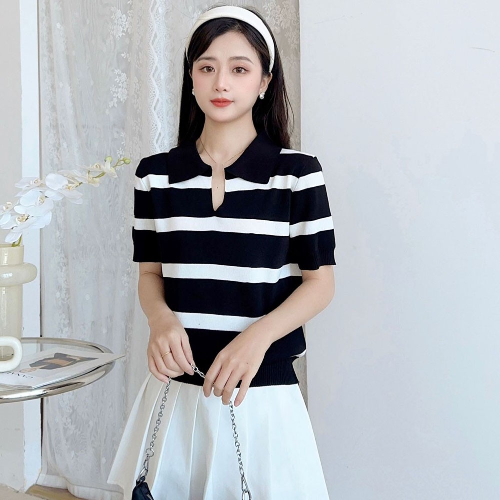 Elegant Women's Knitted Crop Top with Stripe Pattern and Comfortable Fit - Picture 13 of 22