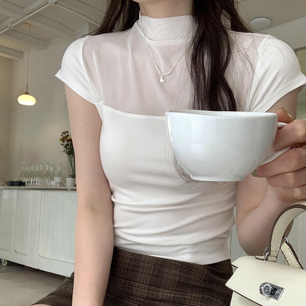 Everyday Wear Women's Retro Style Top Featuring Short Sleeves and Mesh - Picture 15 of 28