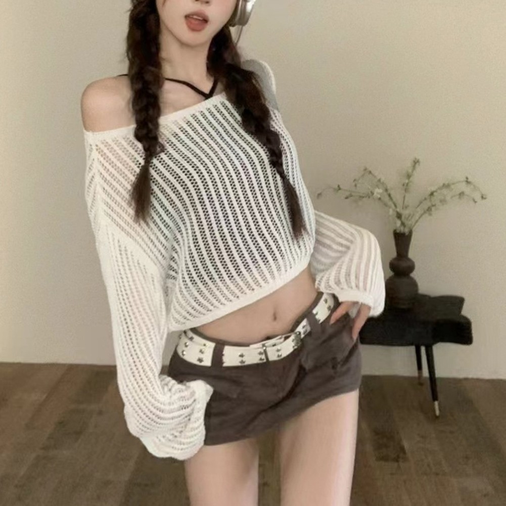 Casual Style Vintage Gyaru Loose Fit Cutout Knitted Top with Long Sleeves - Picture 15 of 21