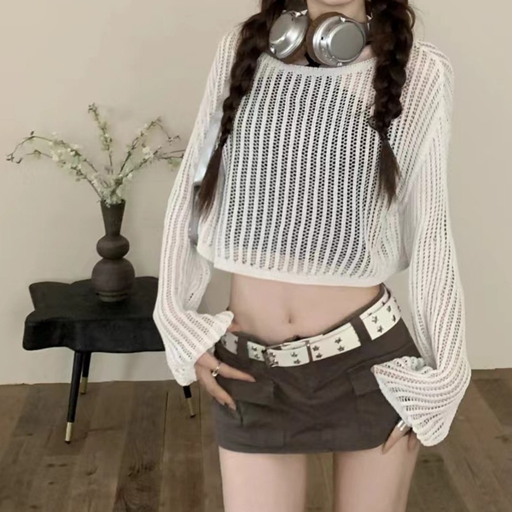 Casual Style Vintage Gyaru Loose Fit Cutout Knitted Top with Long Sleeves - Picture 13 of 21