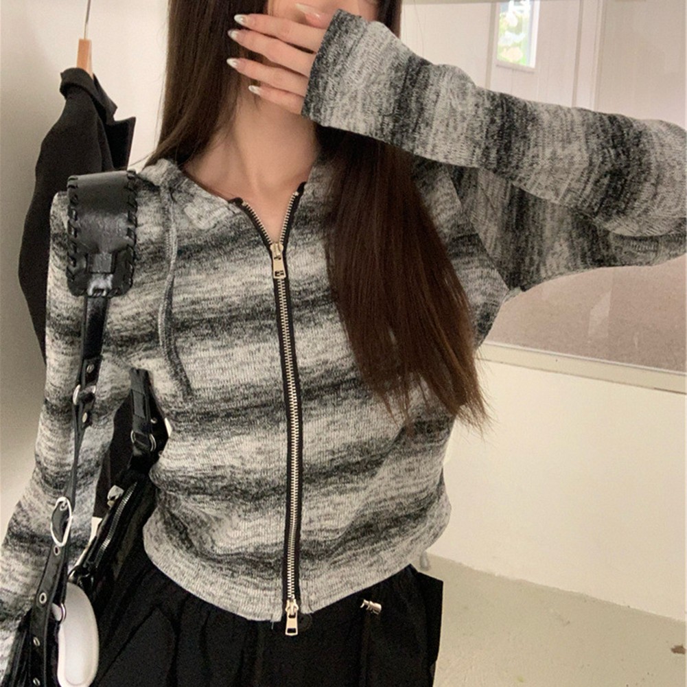 Casual Contrast Striped Zip Up Hooded Sweater for Female Spring Autumn - Picture 13 of 28