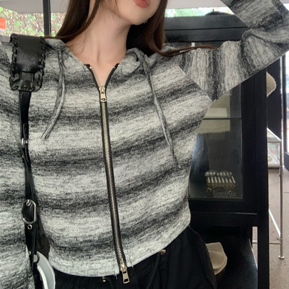 Casual Contrast Striped Zip Up Hooded Sweater for Female Spring Autumn - Picture 16 of 28