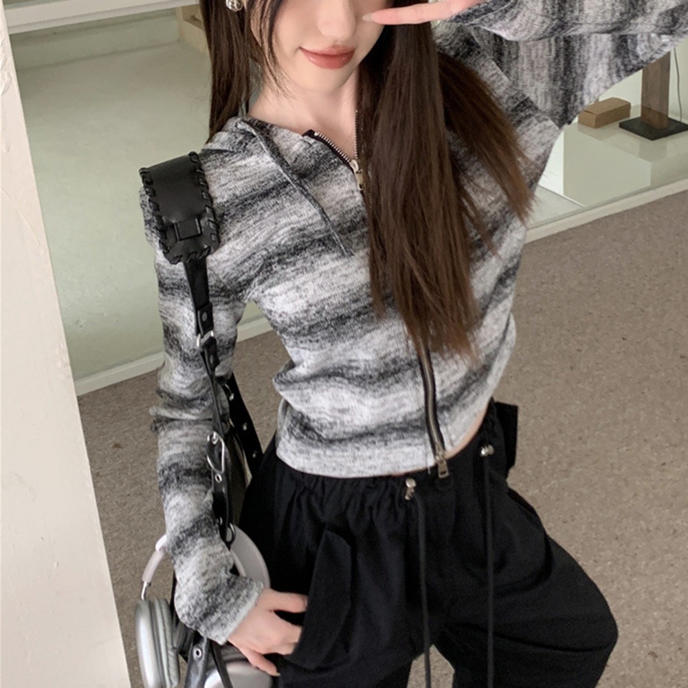 Casual Contrast Striped Zip Up Hooded Sweater for Female Spring Autumn - Picture 15 of 28