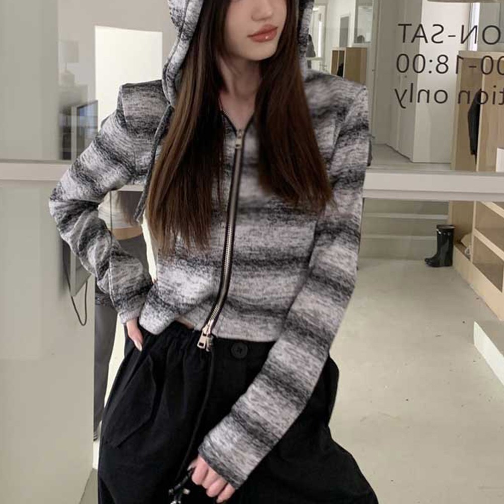 Casual Contrast Striped Zip Up Hooded Sweater for Female Spring Autumn - Picture 14 of 28