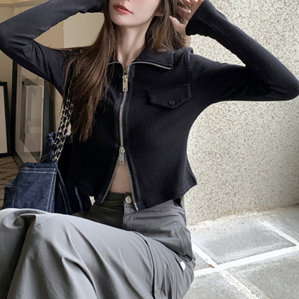 Womens Double Zipper Lapel Cardigan with Long Sleeves in Gray and Black - Picture 15 of 32