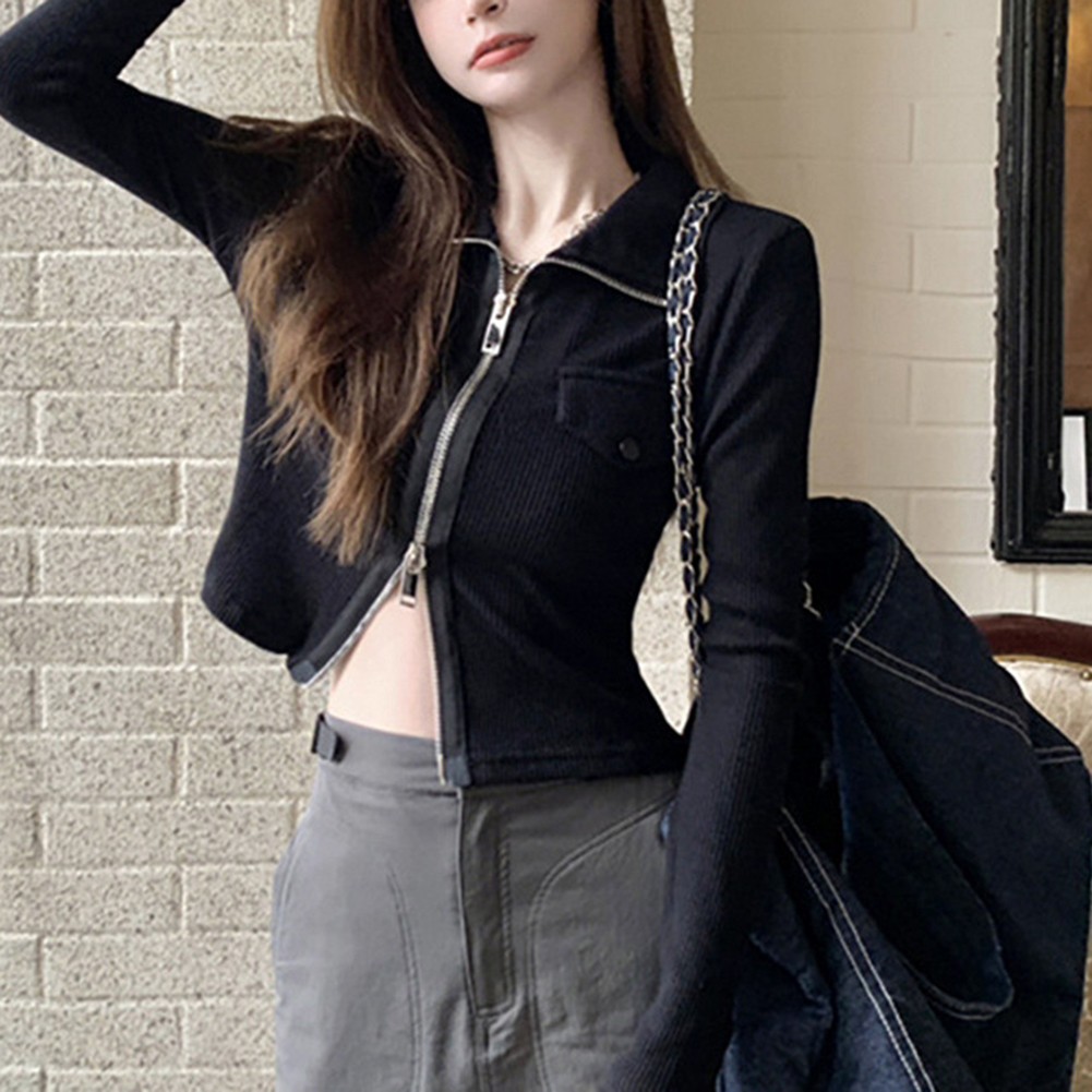 Womens Double Zipper Lapel Cardigan with Long Sleeves in Gray and Black - Picture 14 of 32